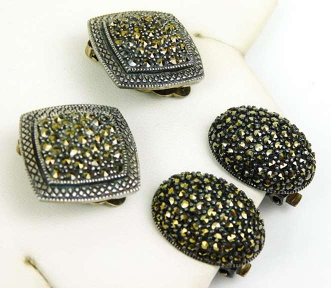 2 Pairs of Sterling Marcasite Clip Earrings