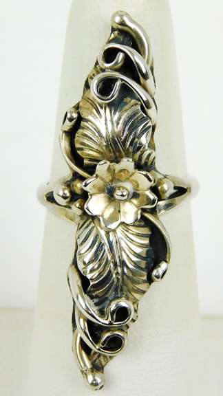 Signed FH Navajo Sterling Squash Blossom Ring, 6