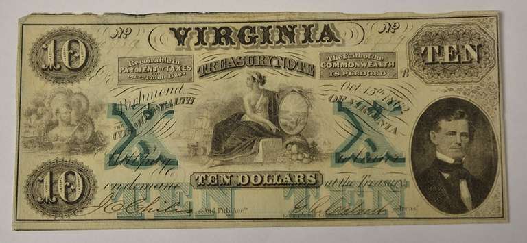 October 15th 1862 $10 Virginia Treasury Note, Circulated.