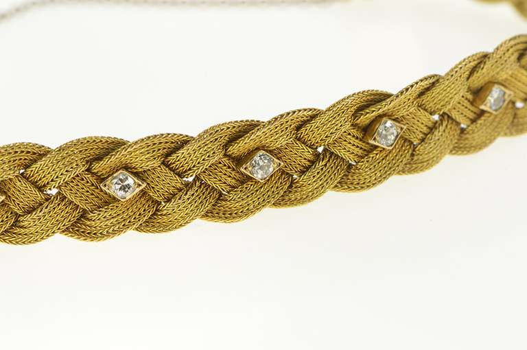 14K Yellow Gold 1950's Diamond Plait Braid Woven Chain Bracelet