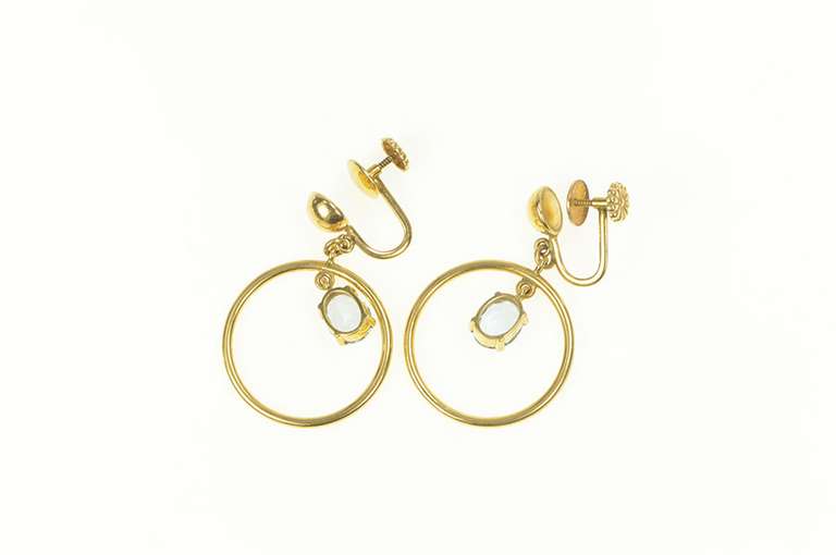 14K Yellow Gold 1950's Blue Topaz Circle Dangle Screw Back Earrings