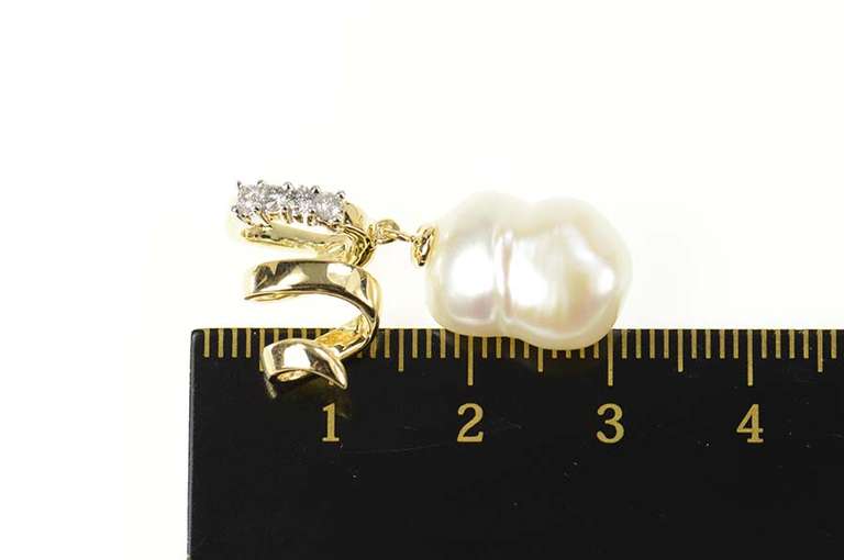 14K Yellow Gold Ornate Pearl Diamond Swirl Loop Pendant