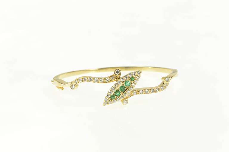 14K Yellow Gold 2.00 Ctw Navette Emerald Diamond Bangle Bracelet