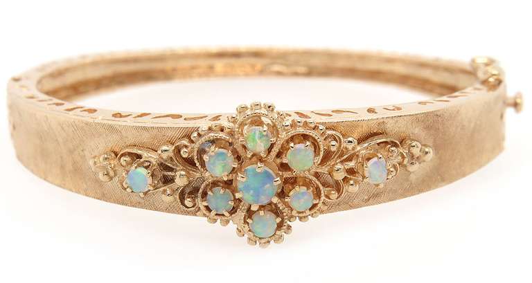 Vintage Round Opal Heirloom Bangle Bracelet in 14K