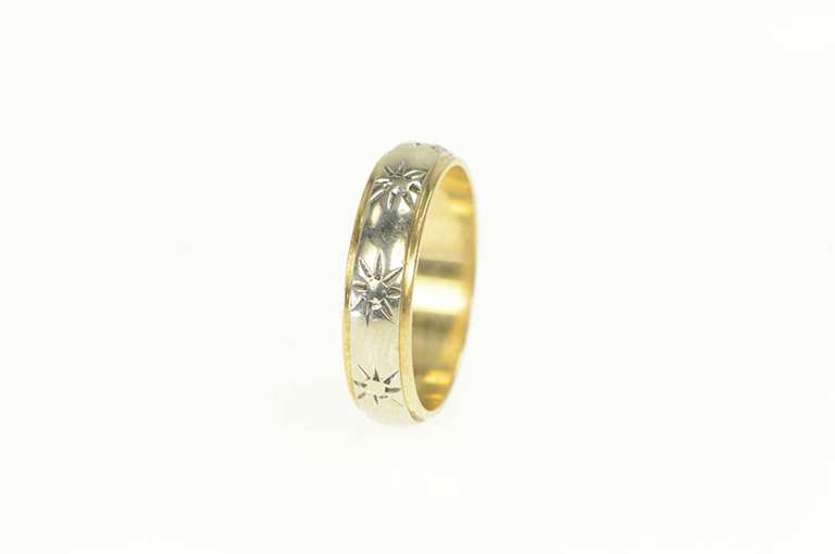 14K White Gold Retro Sun Star Pattern Two Tone Wedding Band Ring