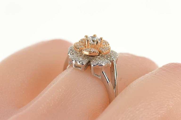 Sterling Silver Pave Encrusted Flower Two Tone Spinner Ring