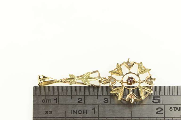 14K Yellow Gold Victorian Ornate Leaf Motif Garnet Seed Pearl Pendant
