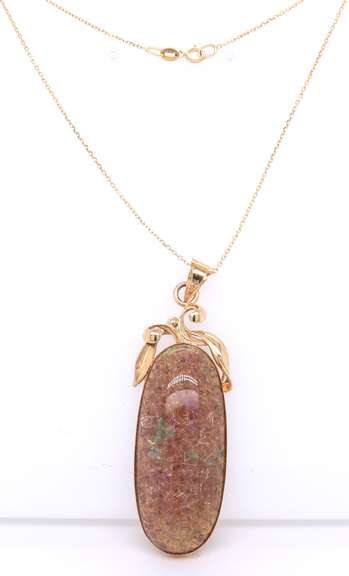 Formal Yellow Gold Brown Opalesca Stone Pendant on Chain