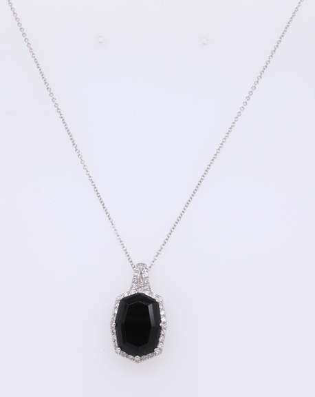 Fabulous White Gold Black Spinel and Diamond Halo Pendant on Chain