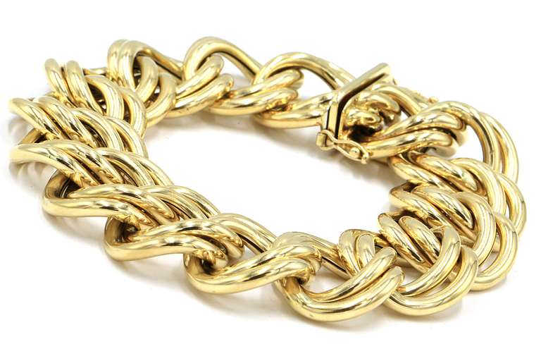 Polished Yellow Gold Double Link Wide Bracelet and Necklace Set
