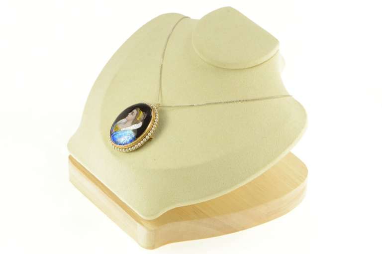 14K Yellow Gold R Blancher Limoges Ornate Pearl Oval Pendant/Pin