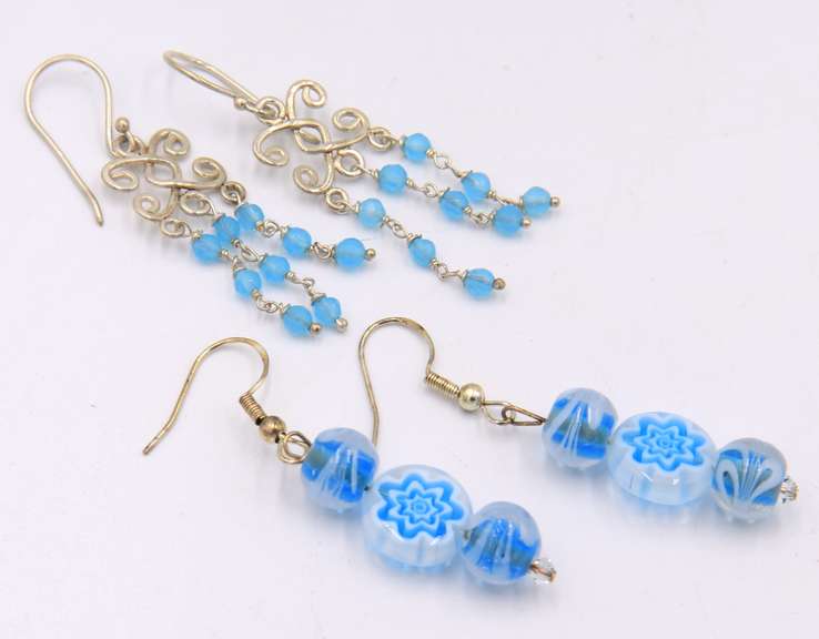 Group Lot of 2 Vintage 925 Sterling Silver Glass Dangle Earrings