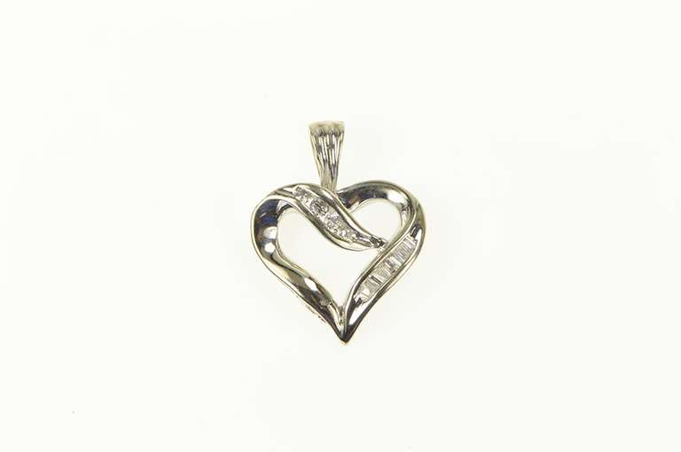 10K White Gold Baguette & Round Diamond Heart Love Charm/Pendant