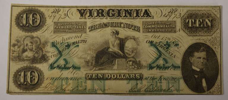 October 15th 1862 $10 Virginia Treasury Note, Circulated.