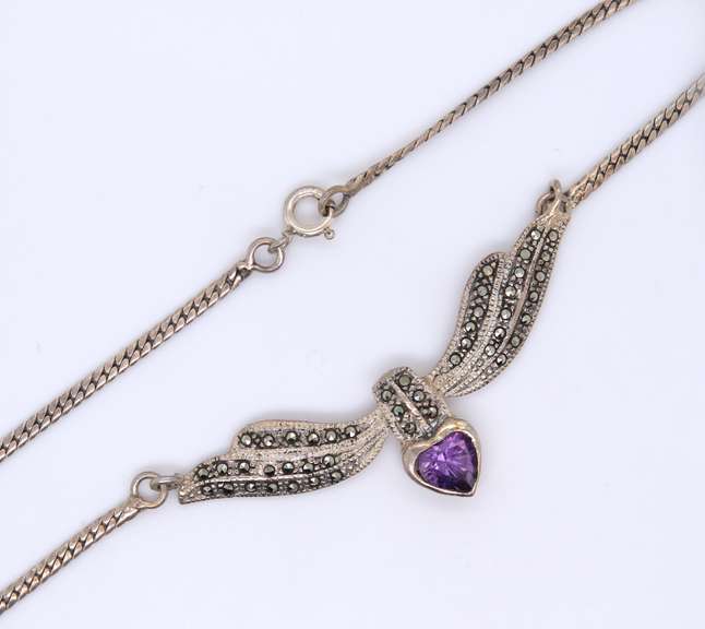 925 Sterling Silver Heart Shaped Amethyst and Marcasite Necklace