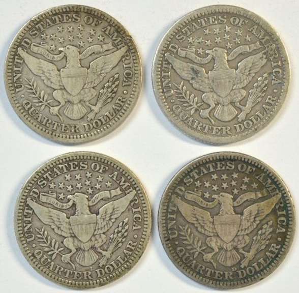 4 Nice Barber Head Quarters: 1902, 1911, 1914-D, & 1916-D