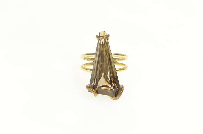 14K Yellow Gold 1960's Smoky Quartz Fantasy Cut Cocktail Ring