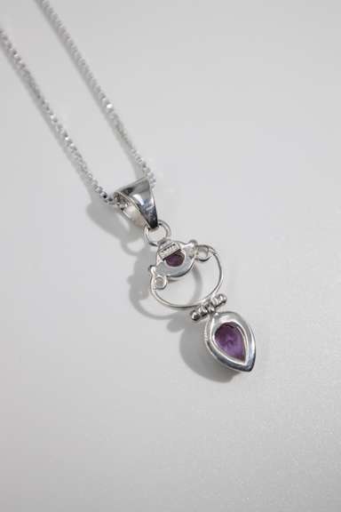 .925 Sterling Silver Pendant w/ Natural Amethyst Gem Stones 46mm x 14 mm