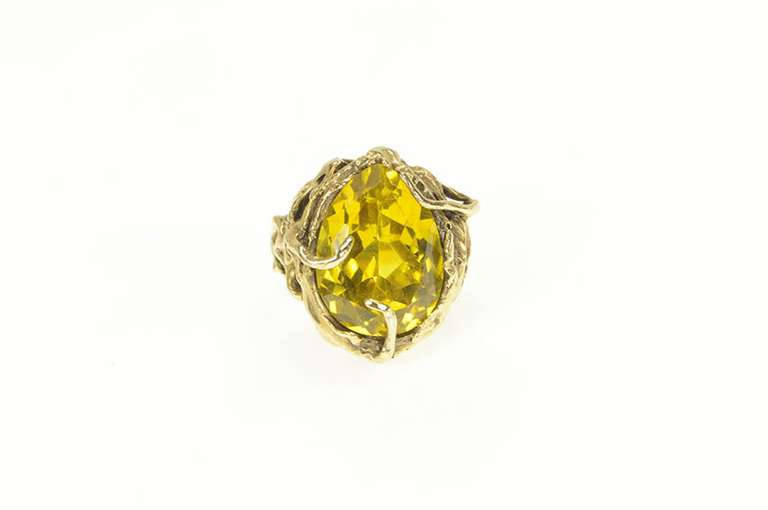 14K Yellow Gold 15.00 Ct Pear Golden Topaz Vine Cocktail Ring