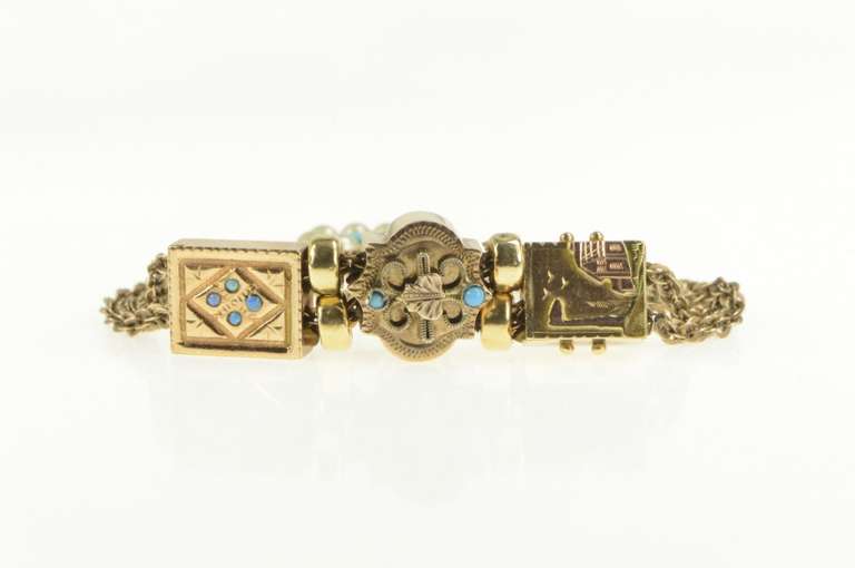 14K Yellow Gold Victorian Ornate Turquoise Pearl Slide Charm Bracelet