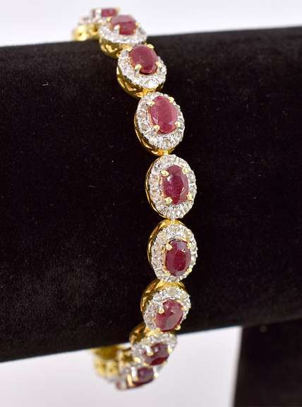 Fabulous 12.35CTW Oval Cut Ruby & 3.50CTW Diamond Tennis Bracelet in Gold Plated Sterling Silver