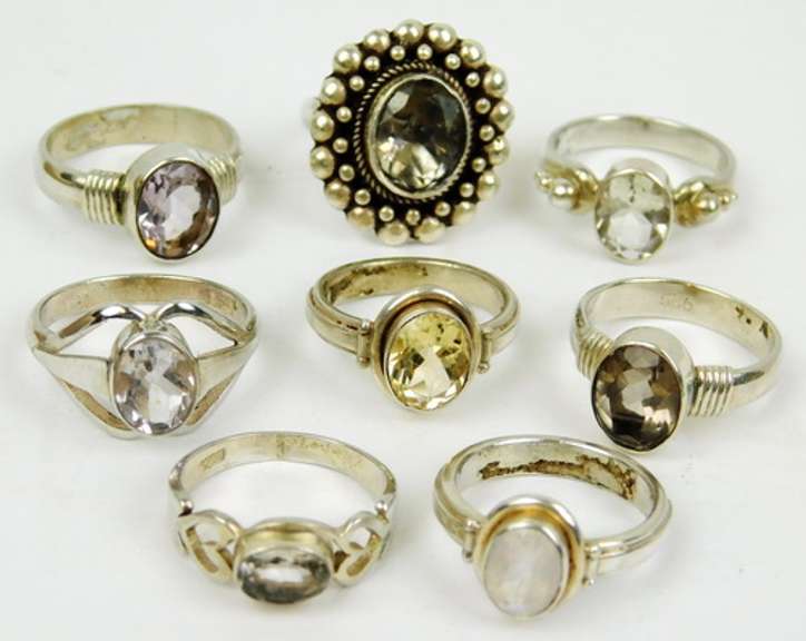 Collection of 8 Sterling Silver Gemstone Rings