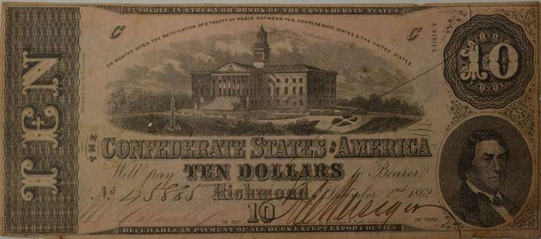 December 2nd 1862 Confederate $10 CS-52, Circulated.
