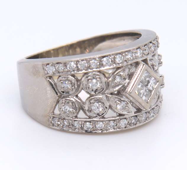 Dramatic White Gold Mixed Cut Diamond Migraine Floral Wide Diamond Band