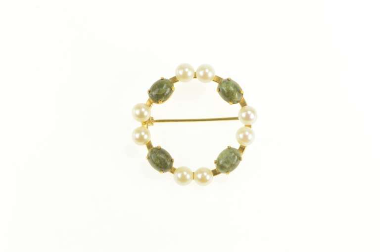 Gold Filled Pearl Nephrite Round Circle Retro Statement Pin/Brooch