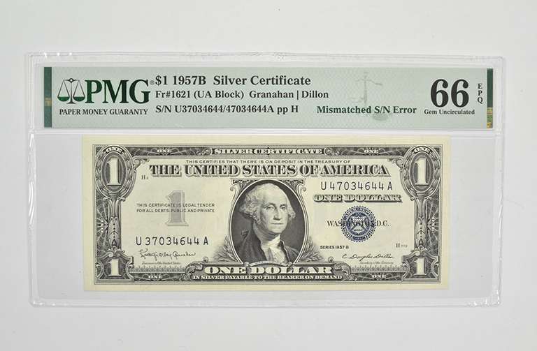 $1 1957-B Silver Cert - PMG 66 EPQ GEM UNC Fr# 1621 (UA Block) - Error
