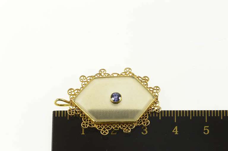 14K Yellow Gold Camphor Glass Filigree Trim Sapphire Pendant