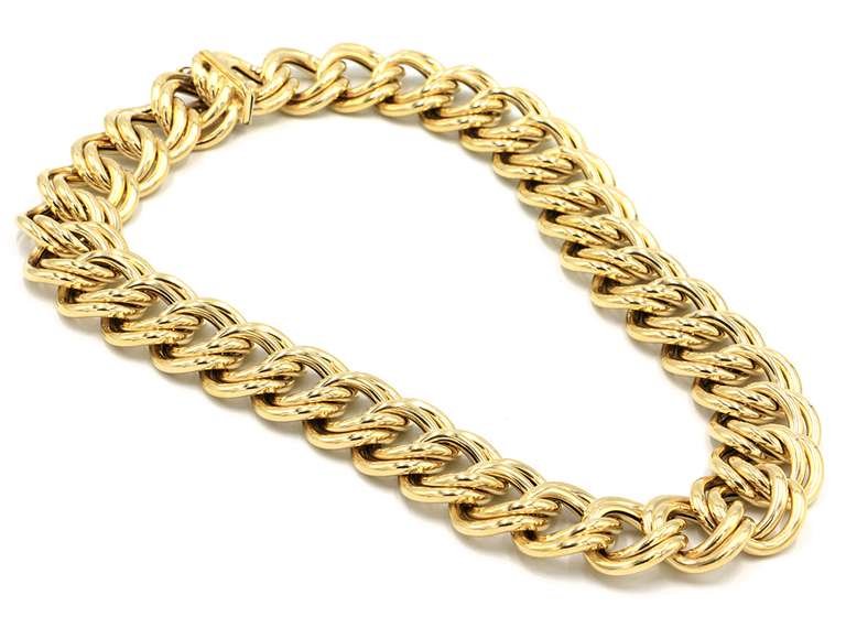 Polished Yellow Gold Double Link Wide Bracelet and Necklace Set