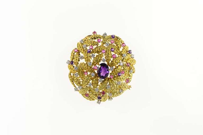 18K Yellow Gold 11.5mm Ctw Amethyst Ruby Diamond Retro Pin/Brooch