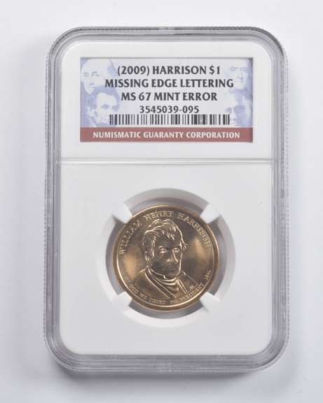 MS67 Error (2009) Harrison Presidential Dollar Missing Lettering NGC