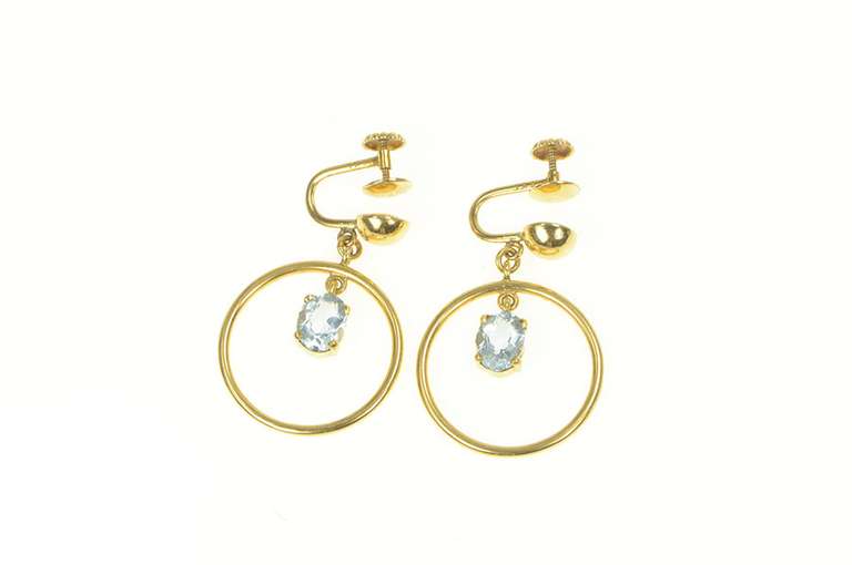 14K Yellow Gold 1950's Blue Topaz Circle Dangle Screw Back Earrings