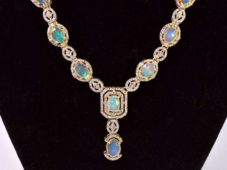 Marvelous 7.00CTW Ethiopian Opal W/ Fire & 5.00CTW Diamond Necklace in Gold Plated Sterling Silver