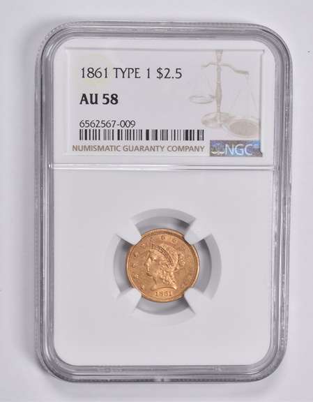 AU58 1861 $2.50 Liberty Head Gold Quarter Eagle Type 1 NGC Old Reverse