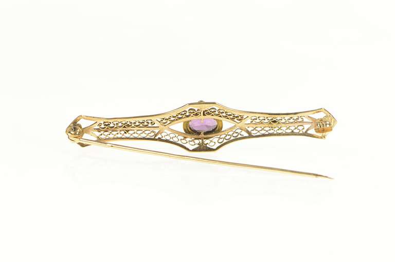 14K Yellow Gold Victorian Amethyst Ornate Filigree Bar Pin/Brooch