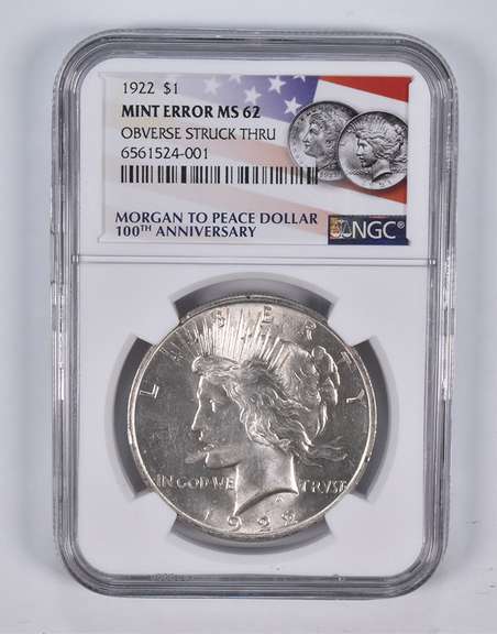 Error MS62 1922 Peace Silver Dollar OBV Struck Thru 100th Anniv NGC
