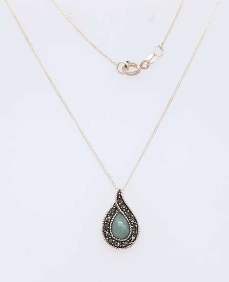 Vintage 925 Sterling Silver Jade and Marcasite Pendant on Chain