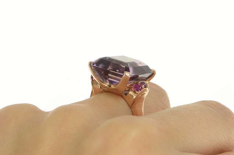 14K Yellow Gold Emerald Amethyst Ruby Retro Cocktail Ring