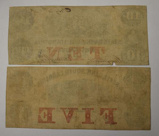 State Of South Carolina Currency Set $5 And $10 Obsolete Notes, Circulated.