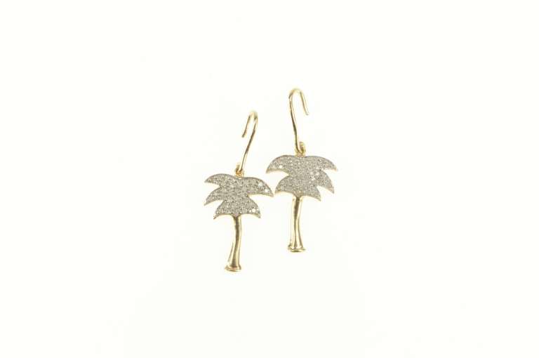 10K Yellow Gold Pave Diamond Palm Tree Tropical Dangle Earrings