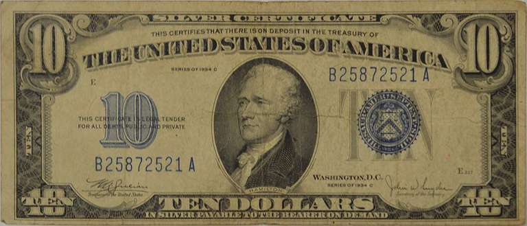 Series 1934C $10 Silver Certificate, Circulated.