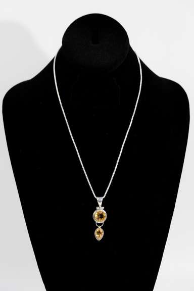 .925 Sterling Silver Pendant w/ Citrine Gem Stones 48mm x 15mm
