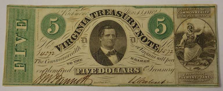 May 13th 1862 $5 Virginia Treasury Note, Circulated.