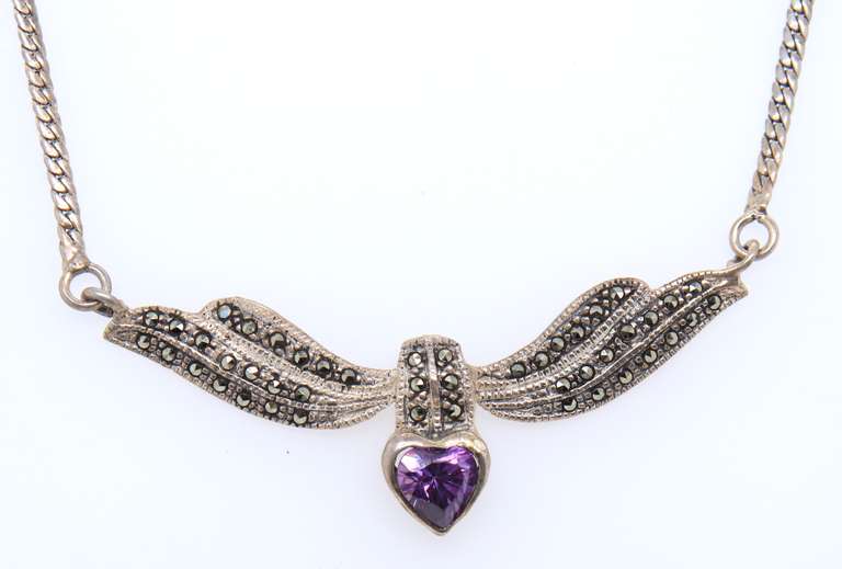 925 Sterling Silver Heart Shaped Amethyst and Marcasite Necklace