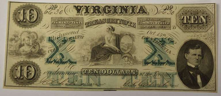 October 15th 1862 $10 Virginia Treasury Note, Circulated.