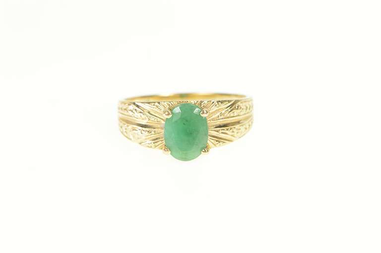 10K Yellow Gold Oval Natural Emerald Grooved Engagement Ring