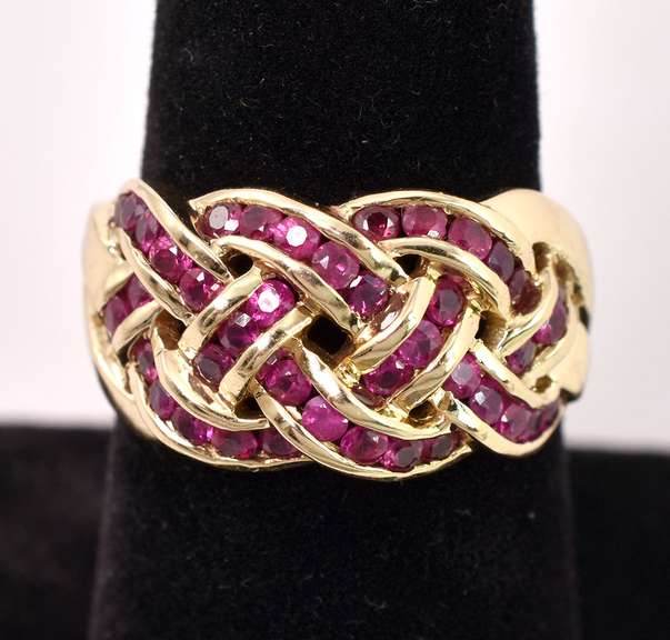 Lovely Ruby Braid Style Ring in Yellow Gold